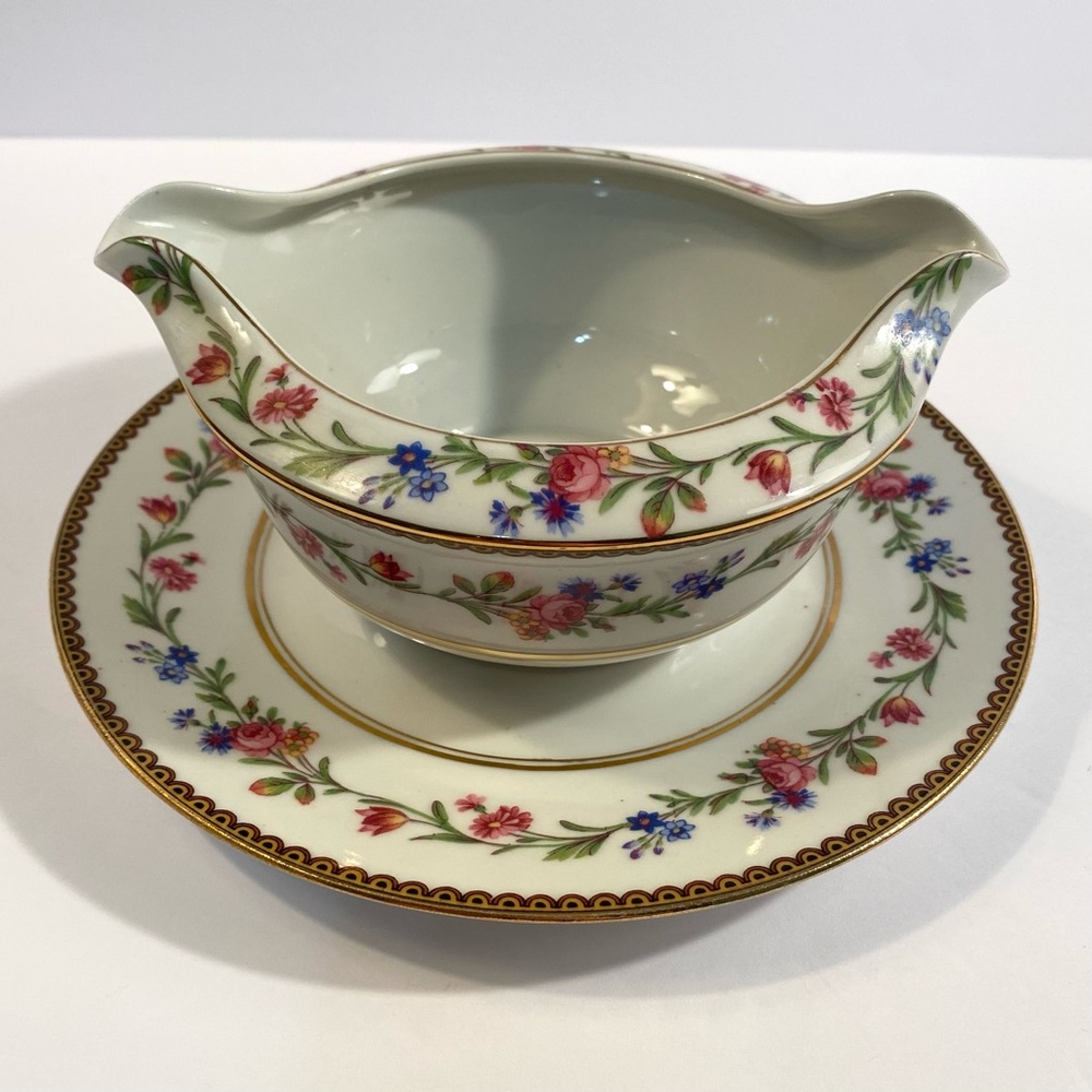 Raynaud Limoges France Country Flowers Gravy Boat Attached Underplate Porcelain